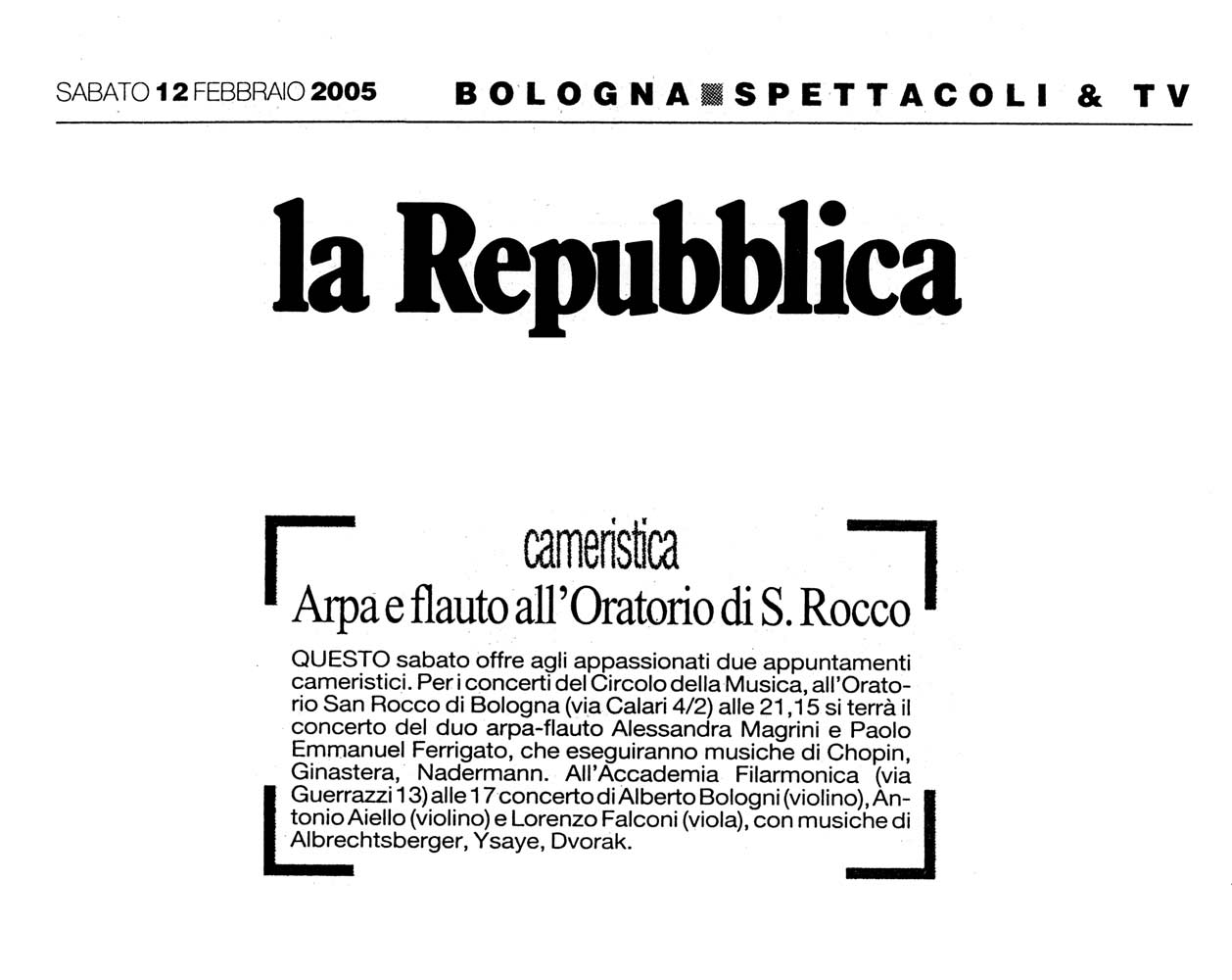 Articolo: la Repubblica Bologna, 12 febbraio 2005