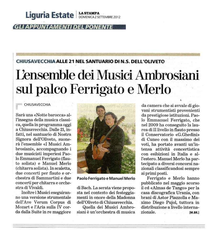 Articolo: La Stampa, 2 settembre 2012