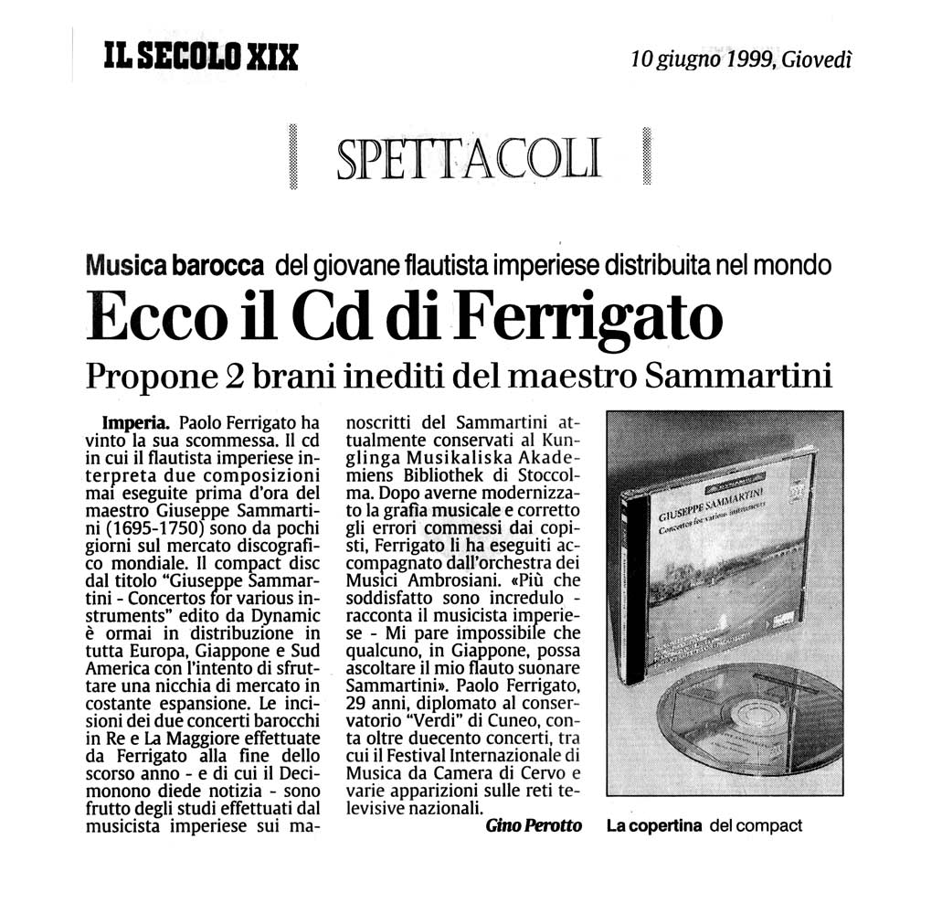 Articolo: Il Secolo XIX, 10 giugno 1999