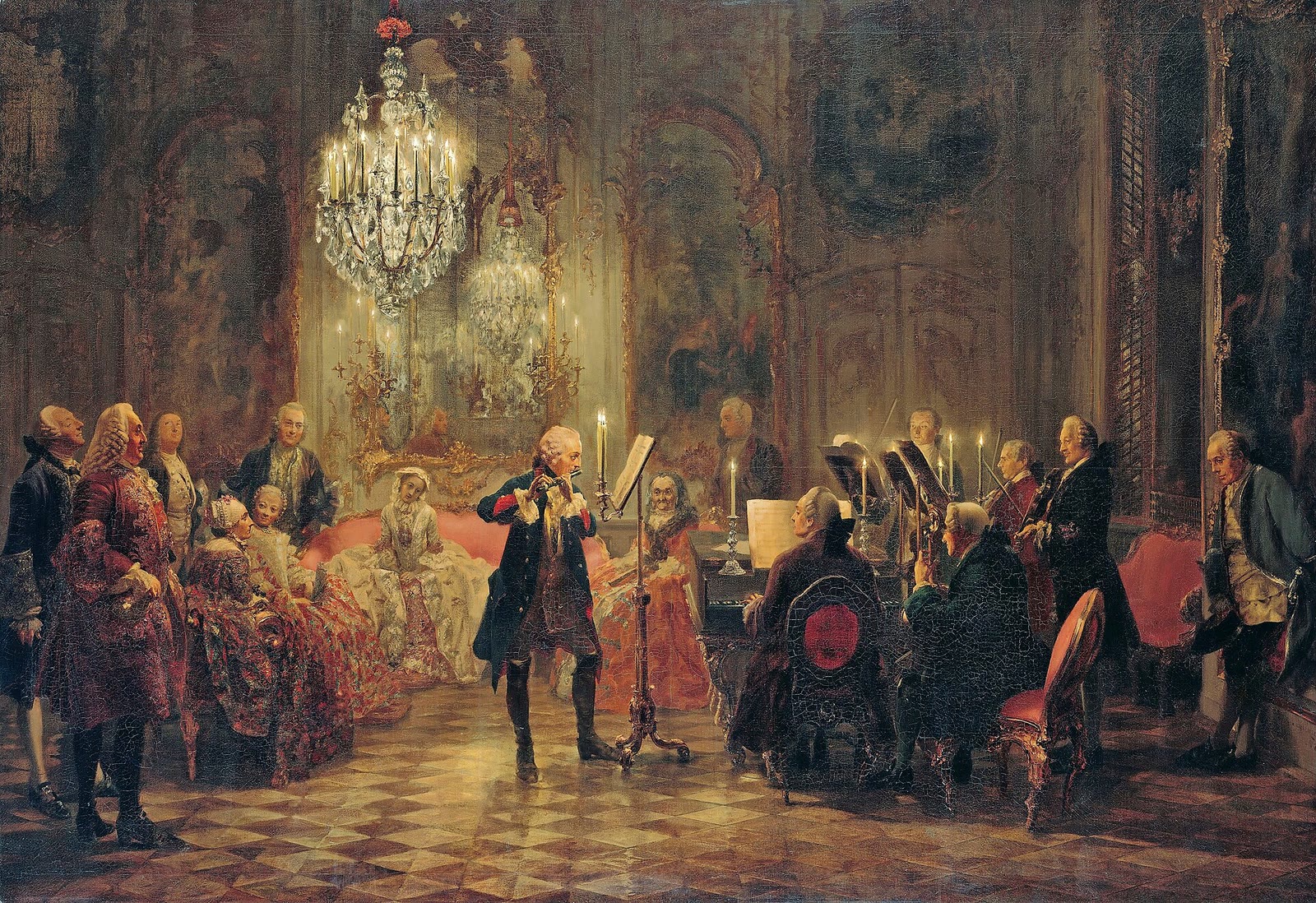 Dipinto: Federico II di Prussia suona il flauto traverso in un salone illuminato dalle candele, con musicisti e ascoltatori intorno
